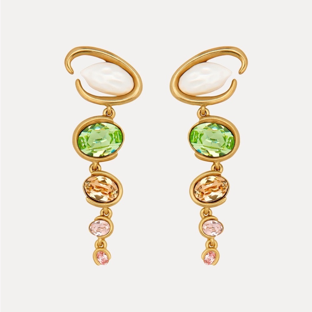 Oscar de la Renta Baroque Pearly “O” Gold Green Drop Earrings